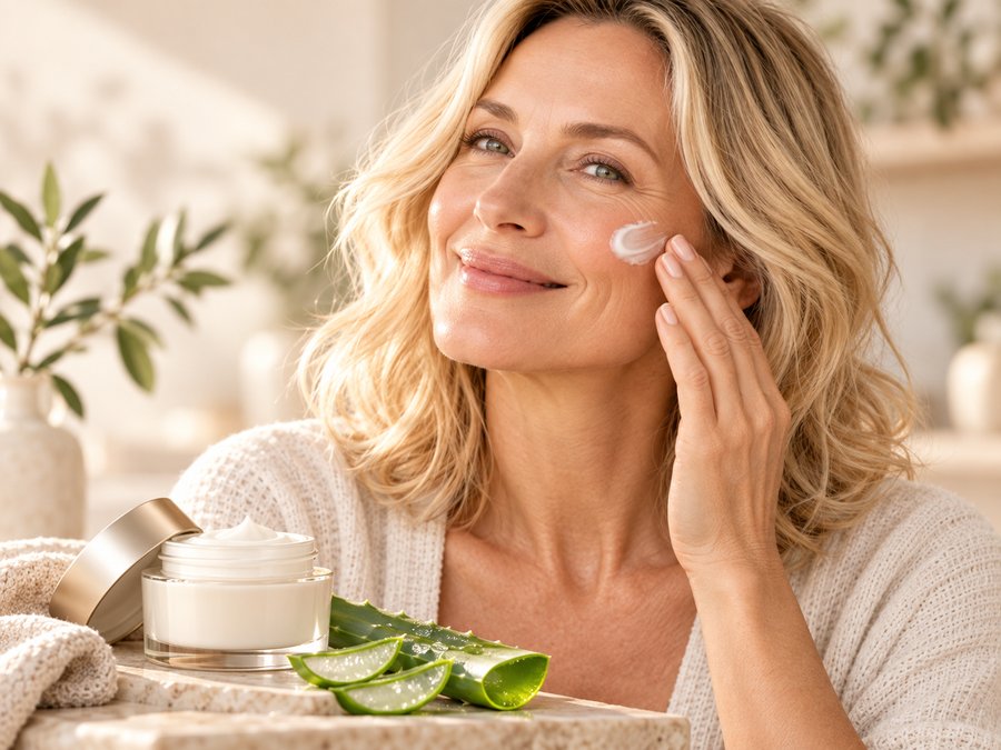 Frau pflegt ihr Gesicht mit Aloe-Creme